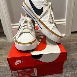 Nike White and Gold Court Sneakers